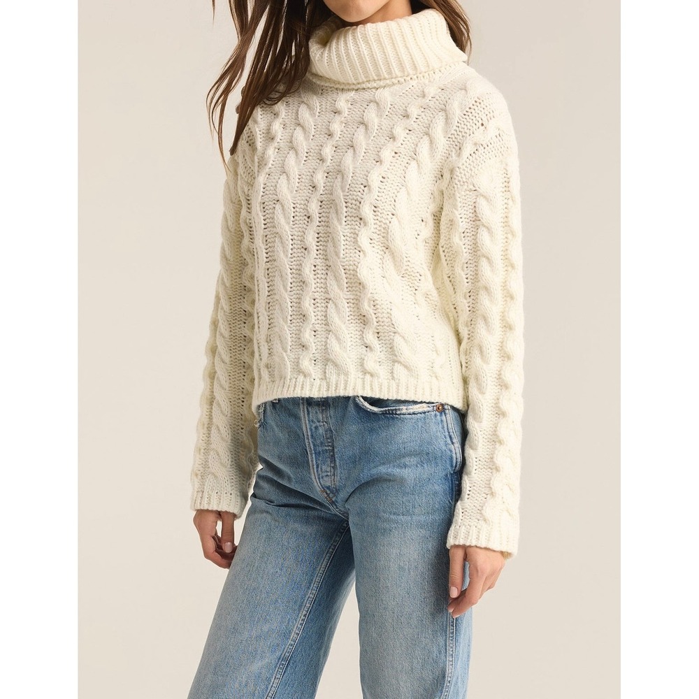 Z Supply‎ Womens Cream Cable Knit Turtleneck Long Sleeve Sweater